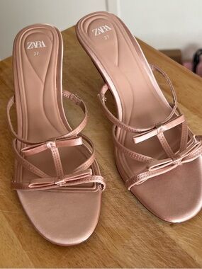 Zara Rose Gold Strappy Bow Slide Heels